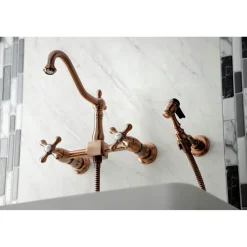 Clearance KS124AXBSAC Heritage Two-Handle Wall Mount Bridge Kitchen Faucet with Brass Sprayer, Antique Copper Wall Mounted Kitchen Faucets