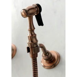 Clearance KS124AXBSAC Heritage Two-Handle Wall Mount Bridge Kitchen Faucet with Brass Sprayer, Antique Copper Wall Mounted Kitchen Faucets