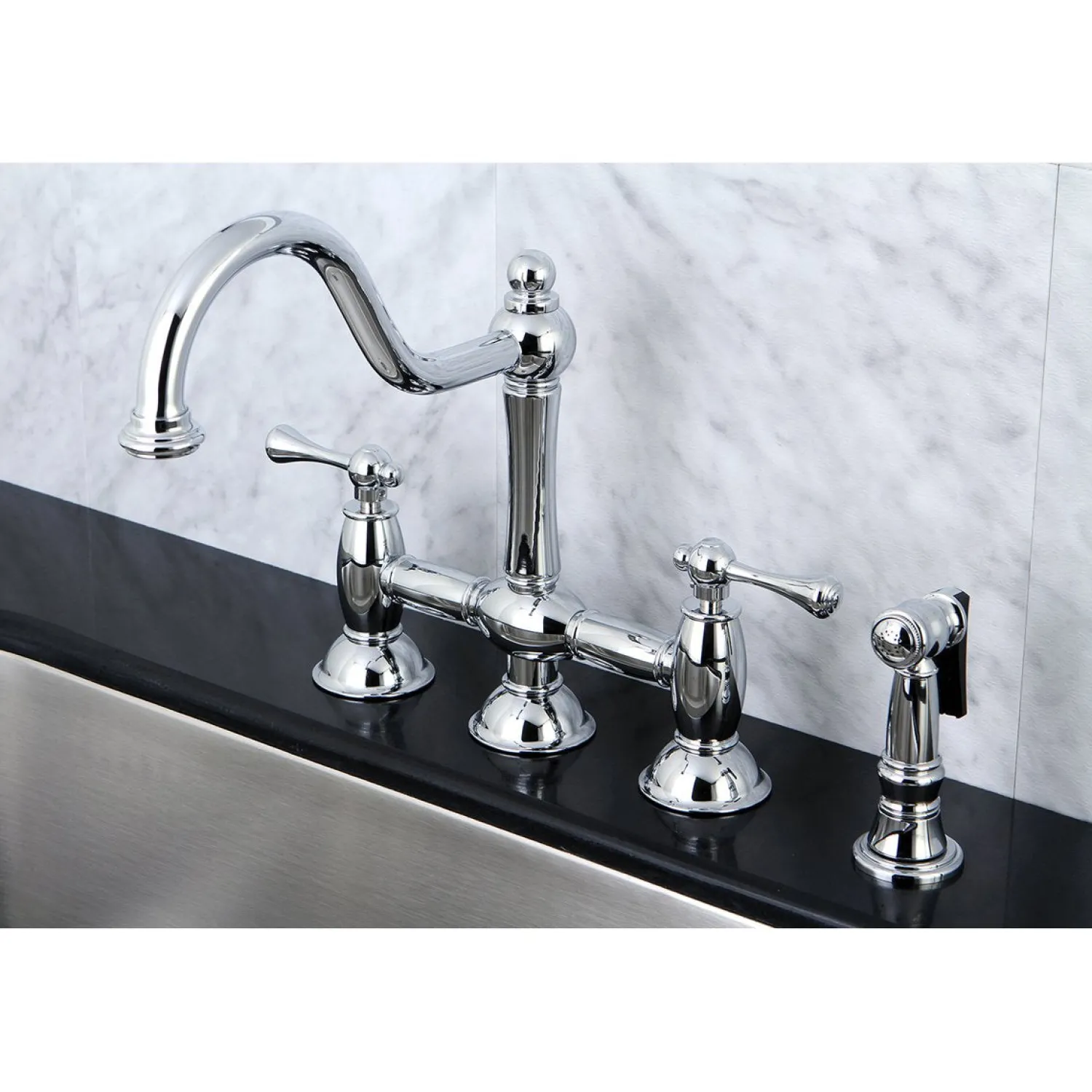 New KS3791BLBS Restoration Kitchen Bridge Faucet with Brass Sprayer in Polished Chrome Faucets With Side Spray|Bridge Faucets