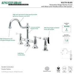 New KS3791BLBS Restoration Kitchen Bridge Faucet with Brass Sprayer in Polished Chrome Faucets With Side Spray|Bridge Faucets