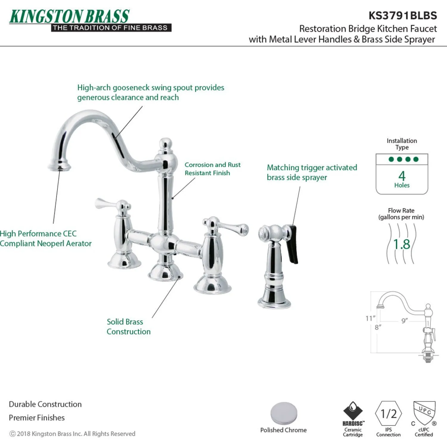 New KS3791BLBS Restoration Kitchen Bridge Faucet with Brass Sprayer in Polished Chrome Faucets With Side Spray|Bridge Faucets