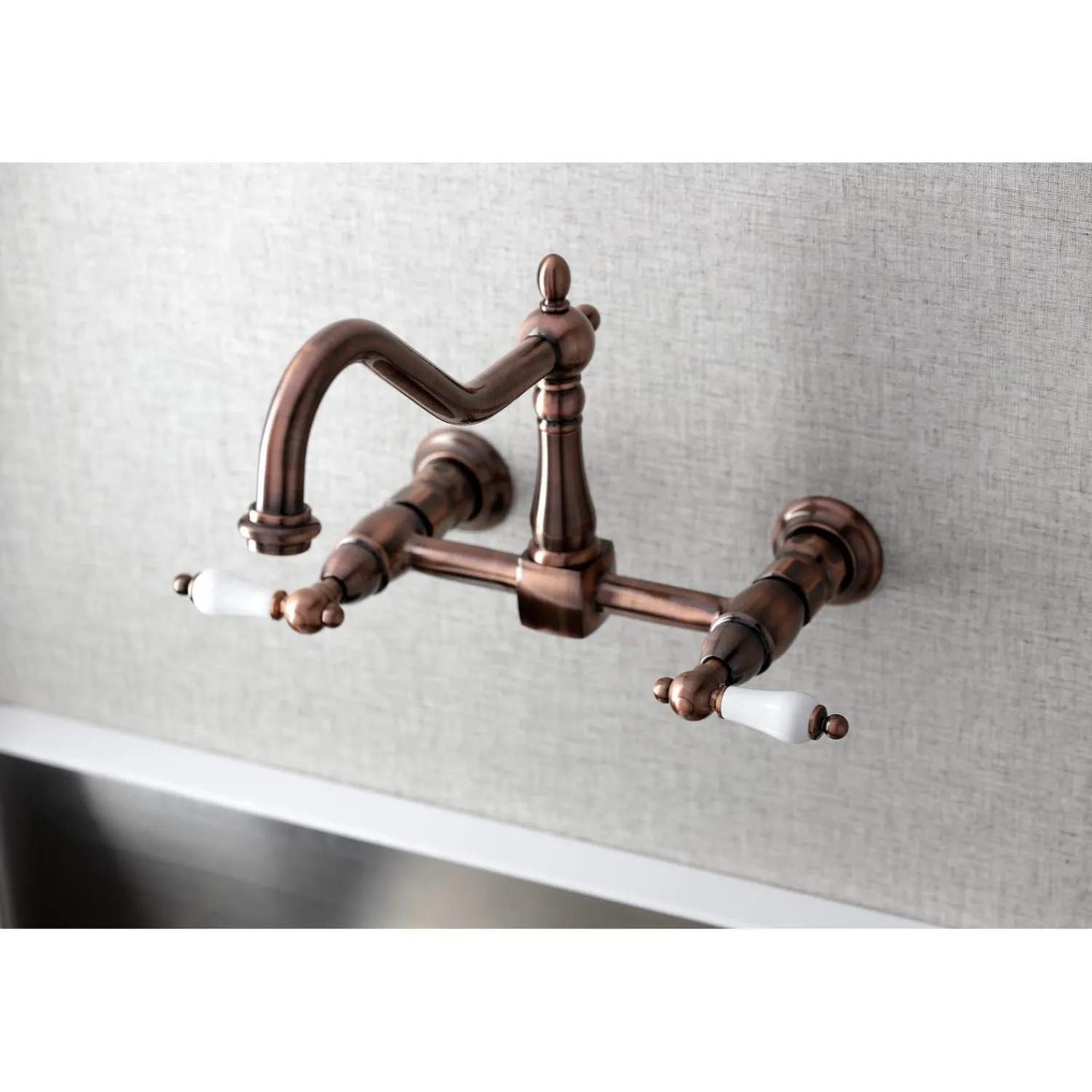 Best KS124PLAC Heritage Two-Handle Wall Mount Bridge Kitchen Faucet, Antique Copper Wall Mounted Kitchen Faucets