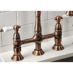 Discount KS127PLBSAC Heritage Bridge Kitchen Faucet with Brass Sprayer, Antique Copper Bridge Faucets