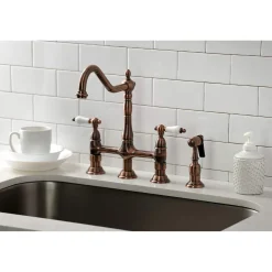 Discount KS127PLBSAC Heritage Bridge Kitchen Faucet with Brass Sprayer, Antique Copper Bridge Faucets