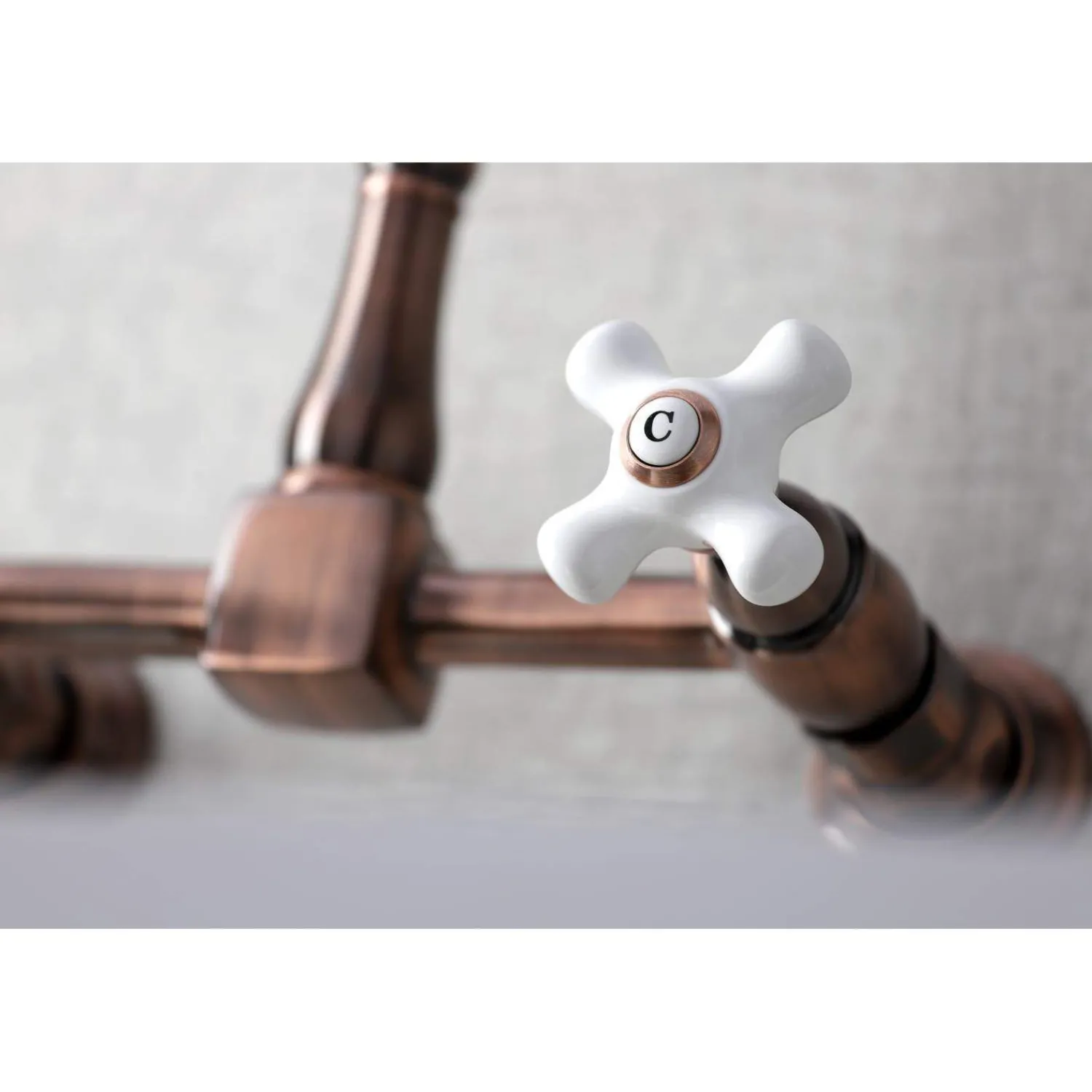 Outlet KS124PXAC Heritage Two-Handle Wall Mount Bridge Kitchen Faucet, Antique Copper Wall Mounted Kitchen Faucets