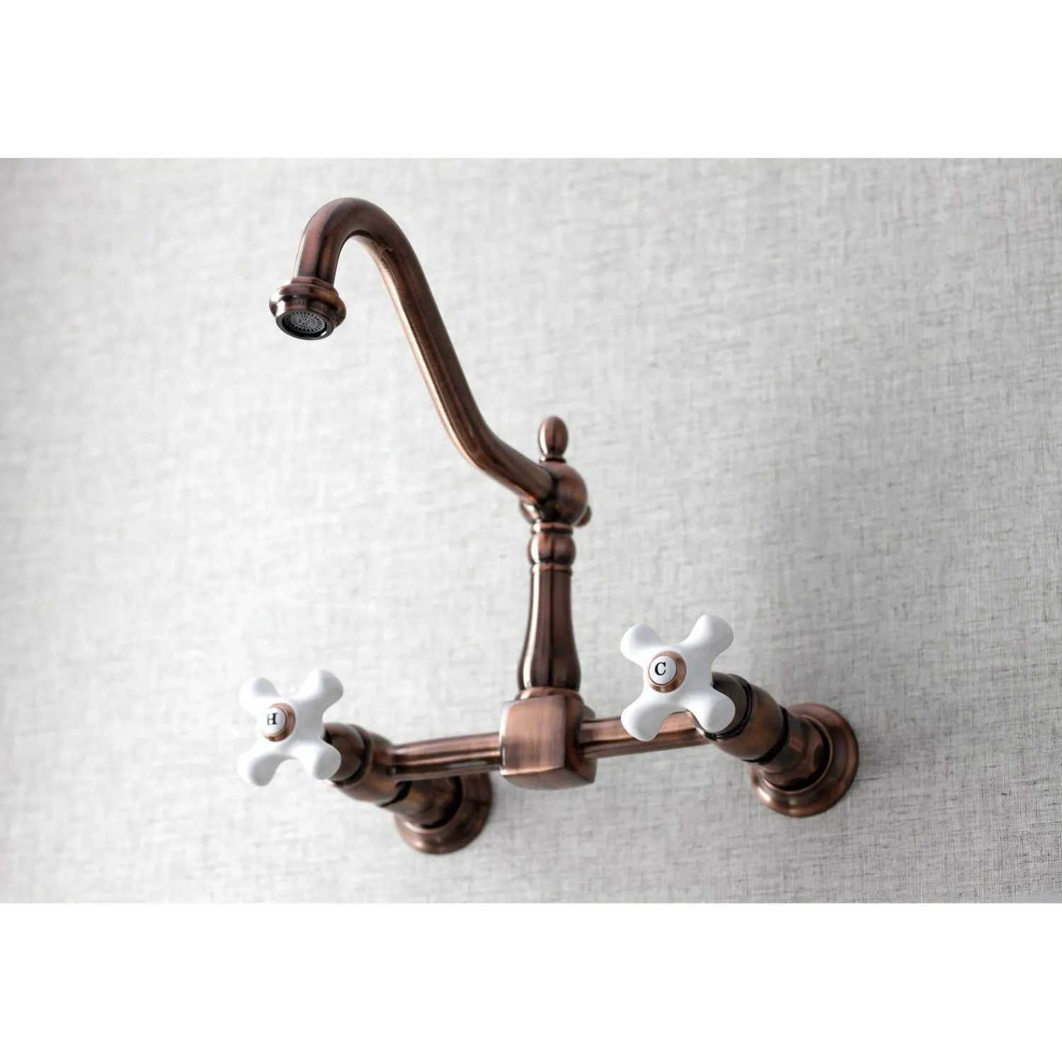 Outlet KS124PXAC Heritage Two-Handle Wall Mount Bridge Kitchen Faucet, Antique Copper Wall Mounted Kitchen Faucets