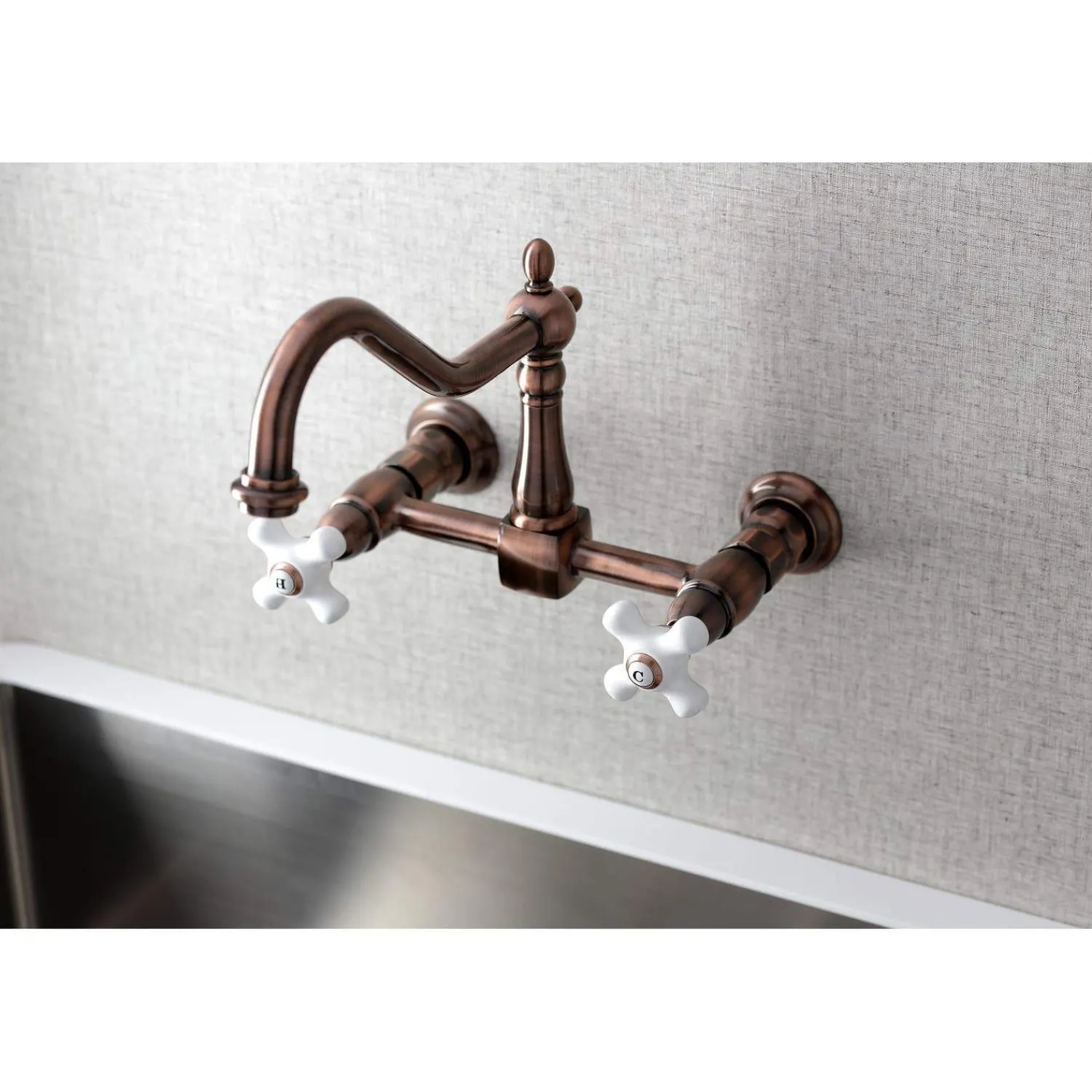 Outlet KS124PXAC Heritage Two-Handle Wall Mount Bridge Kitchen Faucet, Antique Copper Wall Mounted Kitchen Faucets