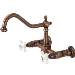Outlet KS124PXAC Heritage Two-Handle Wall Mount Bridge Kitchen Faucet, Antique Copper Wall Mounted Kitchen Faucets