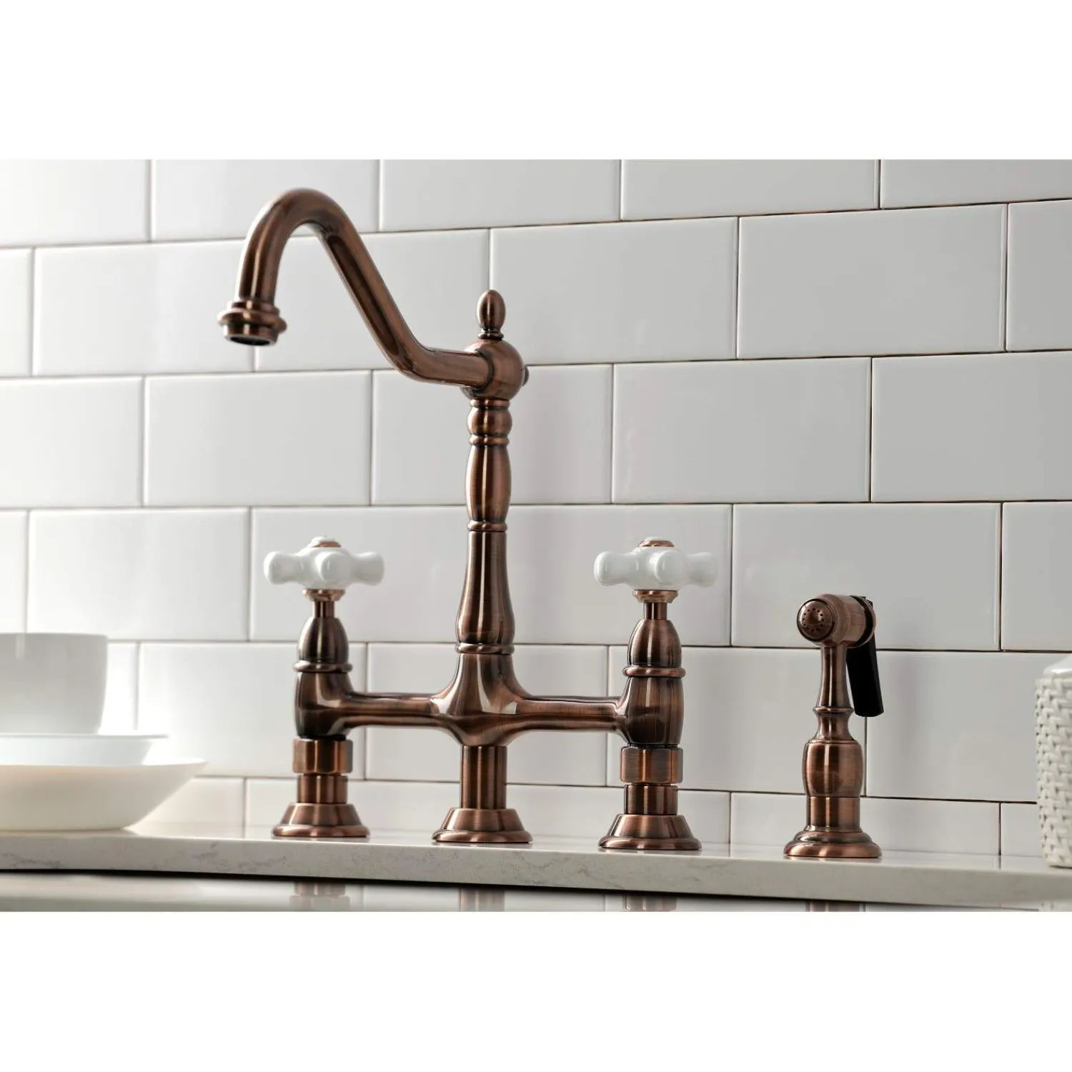 Outlet KS127PXBSAC Heritage Bridge Kitchen Faucet with Brass Sprayer, Antique Copper Bridge Faucets