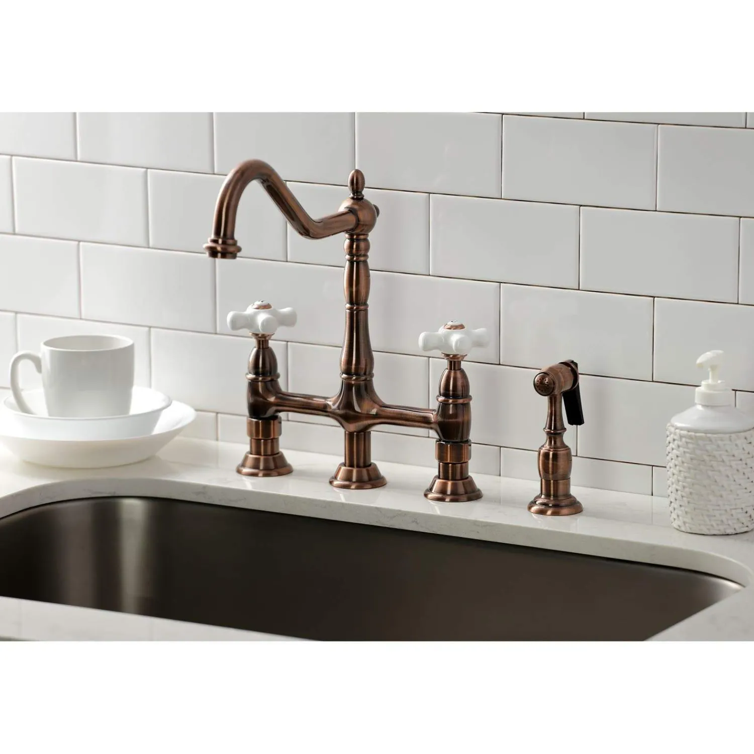 Outlet KS127PXBSAC Heritage Bridge Kitchen Faucet with Brass Sprayer, Antique Copper Bridge Faucets