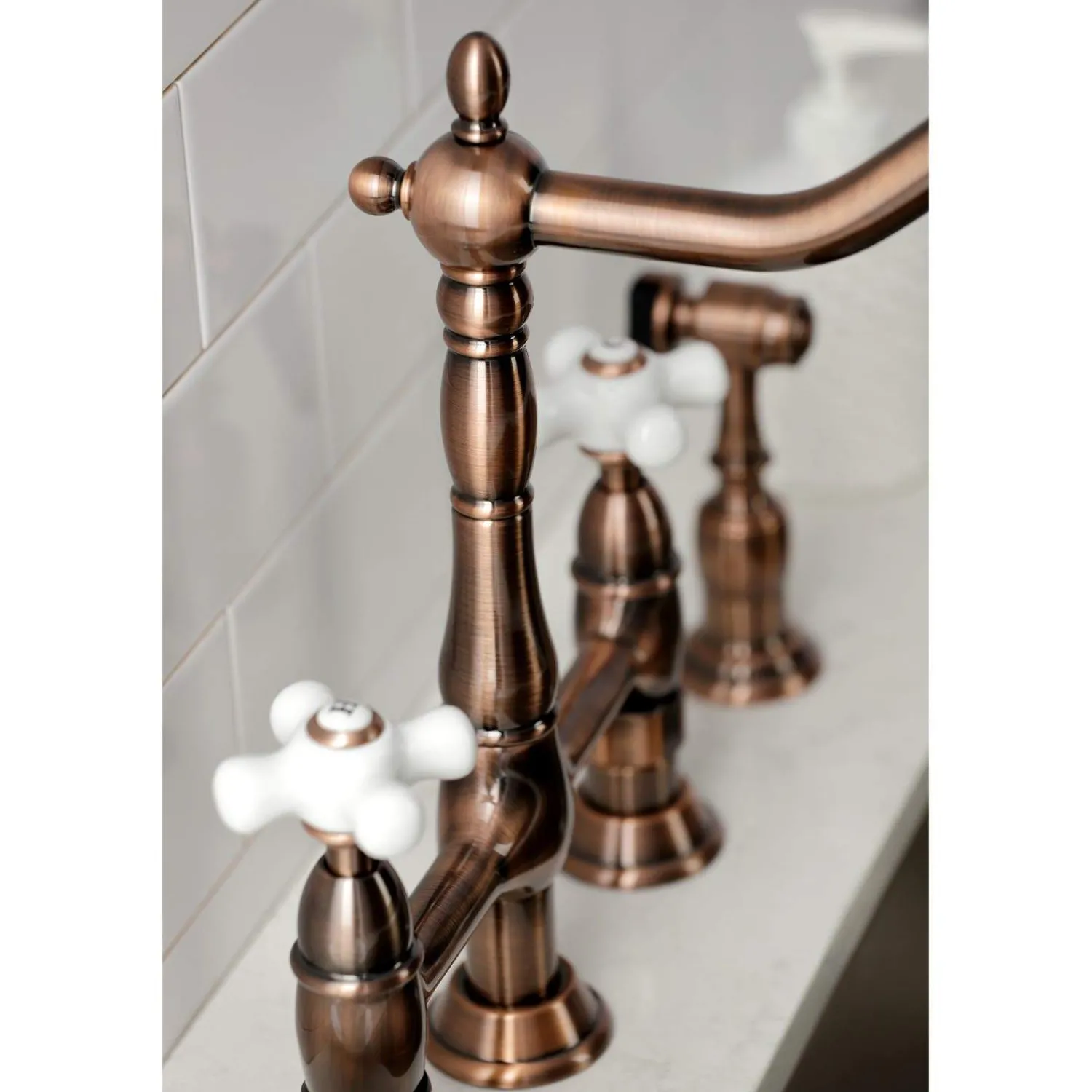 Outlet KS127PXBSAC Heritage Bridge Kitchen Faucet with Brass Sprayer, Antique Copper Bridge Faucets