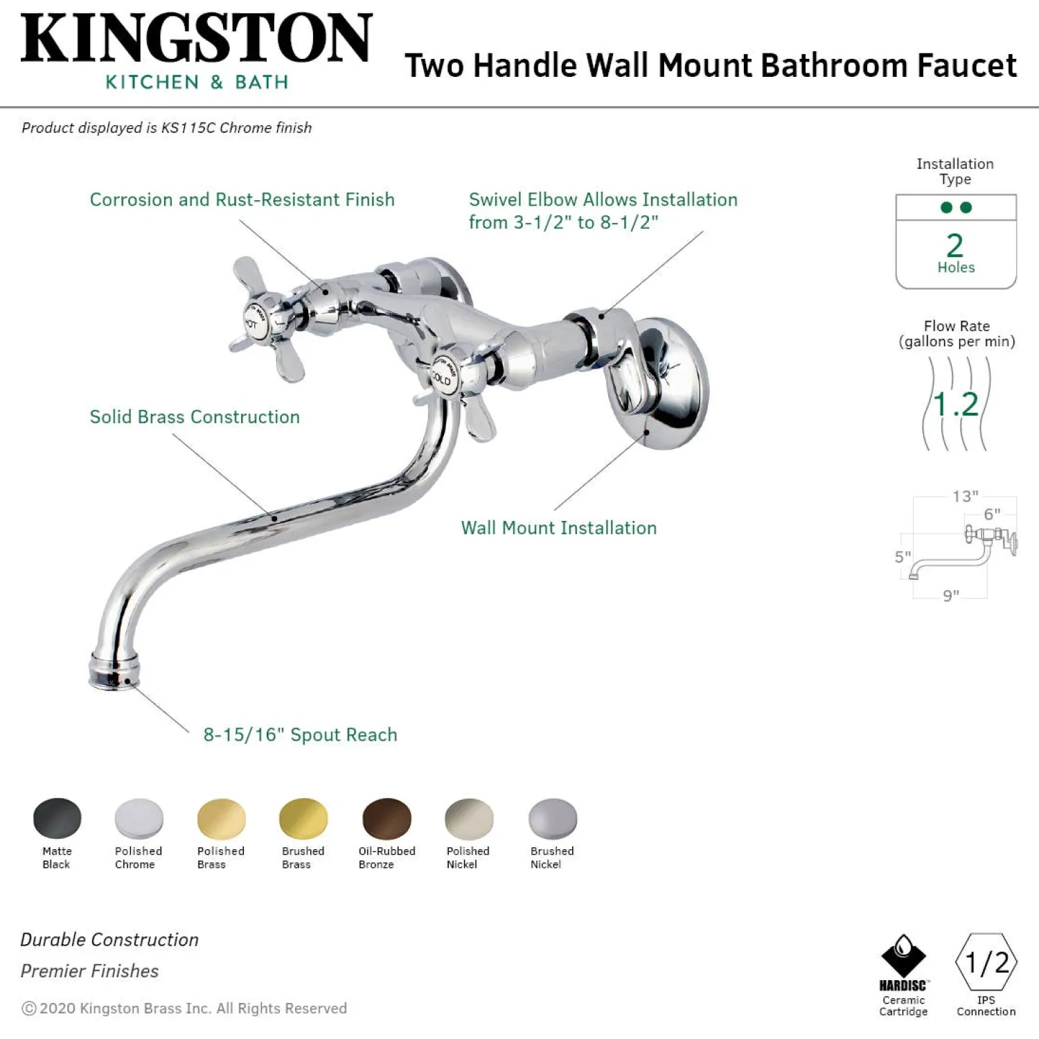 Discount KS115X-P Essex Two Handle Wall Mount Bathroom Faucet Wall Mount
