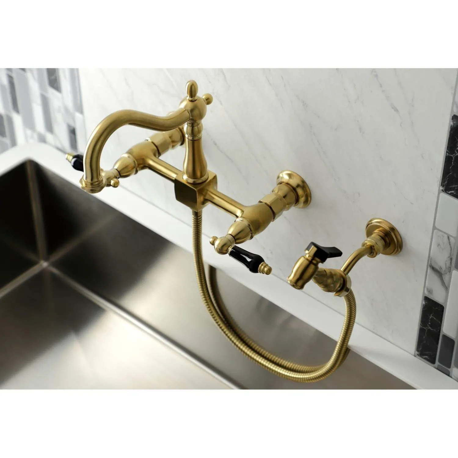 Discount KS126XPKLBS-P Duchess Wall Mount Bridge Kitchen Faucet with Brass Sprayer Wall Mounted Kitchen Faucets