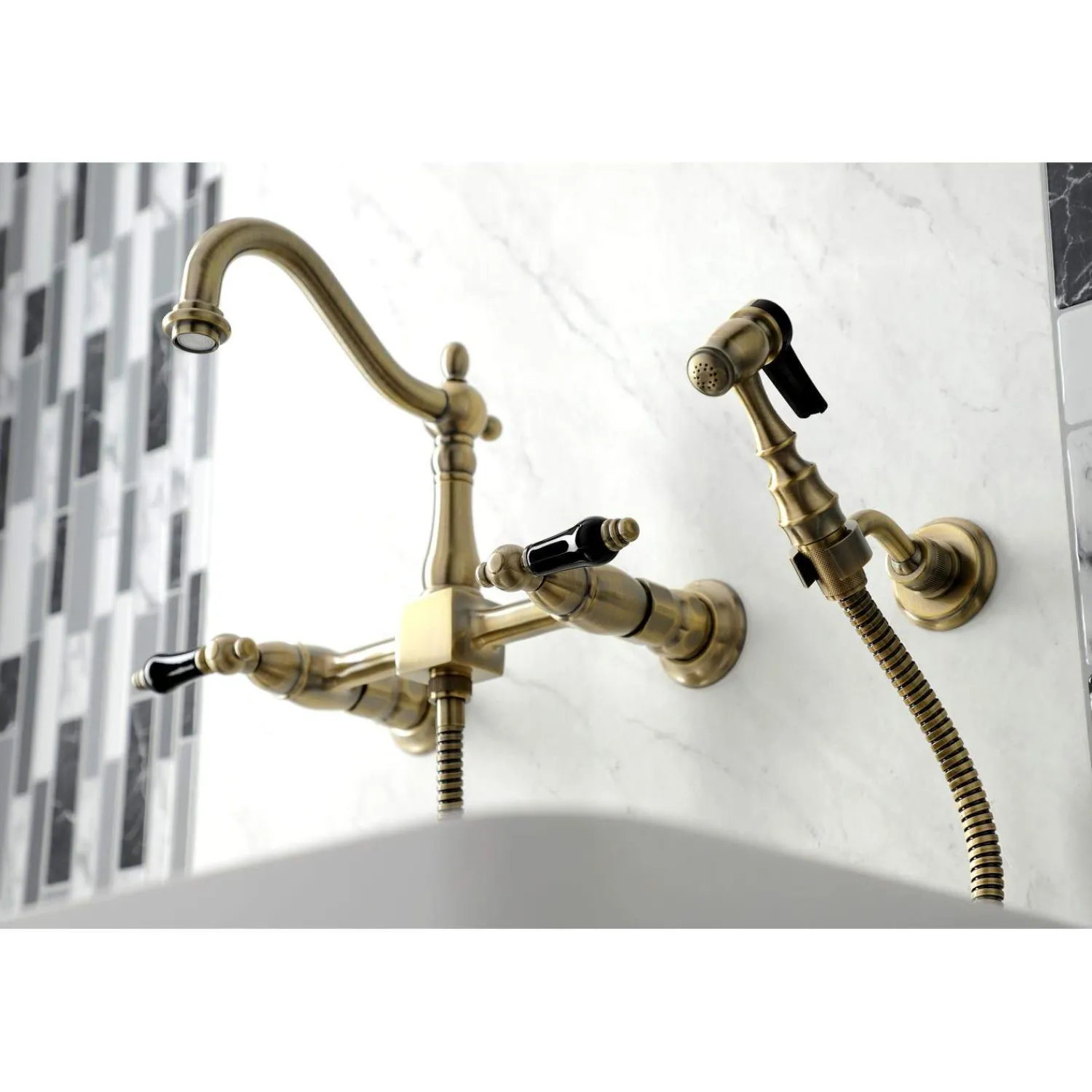 Discount KS126XPKLBS-P Duchess Wall Mount Bridge Kitchen Faucet with Brass Sprayer Wall Mounted Kitchen Faucets