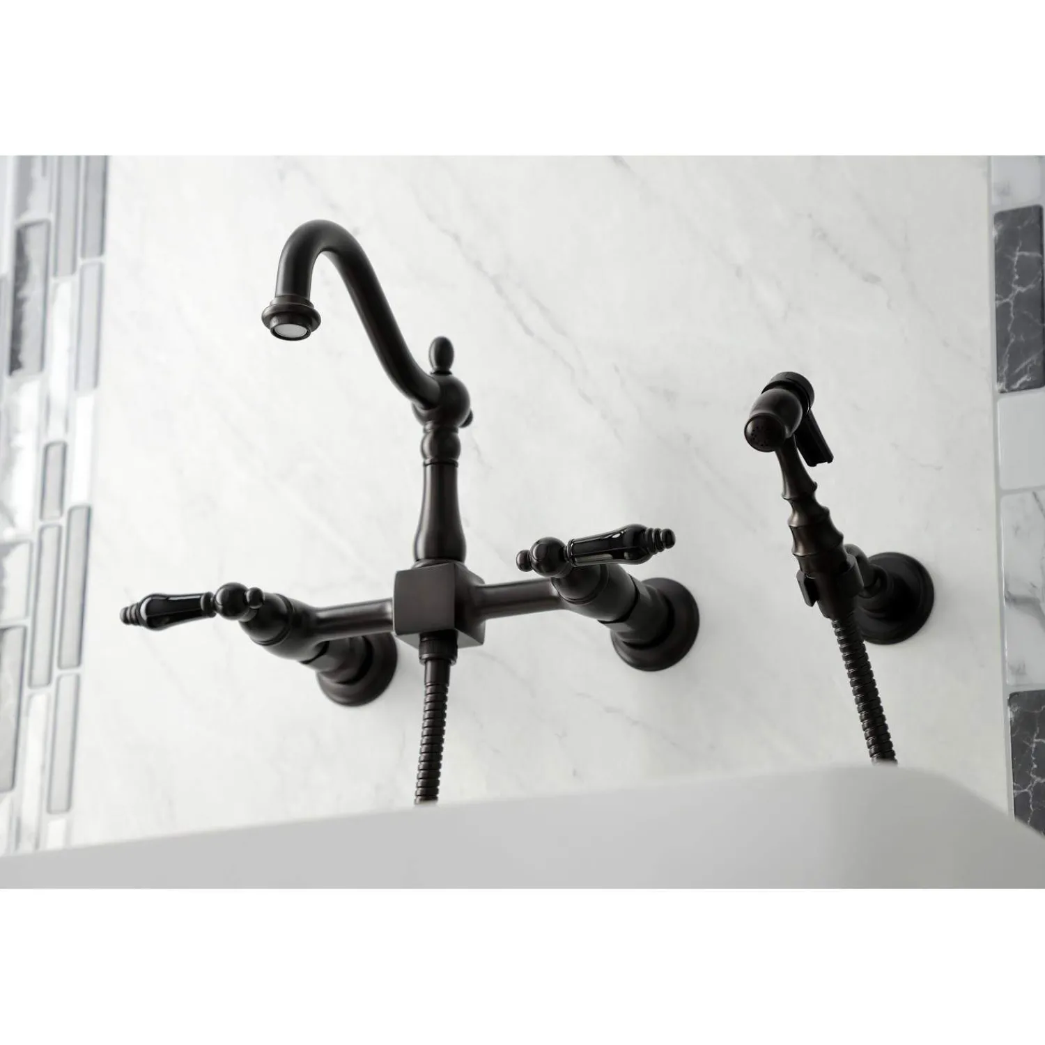 Discount KS126XPKLBS-P Duchess Wall Mount Bridge Kitchen Faucet with Brass Sprayer Wall Mounted Kitchen Faucets