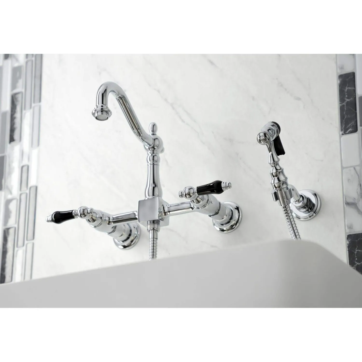 Discount KS126XPKLBS-P Duchess Wall Mount Bridge Kitchen Faucet with Brass Sprayer Wall Mounted Kitchen Faucets