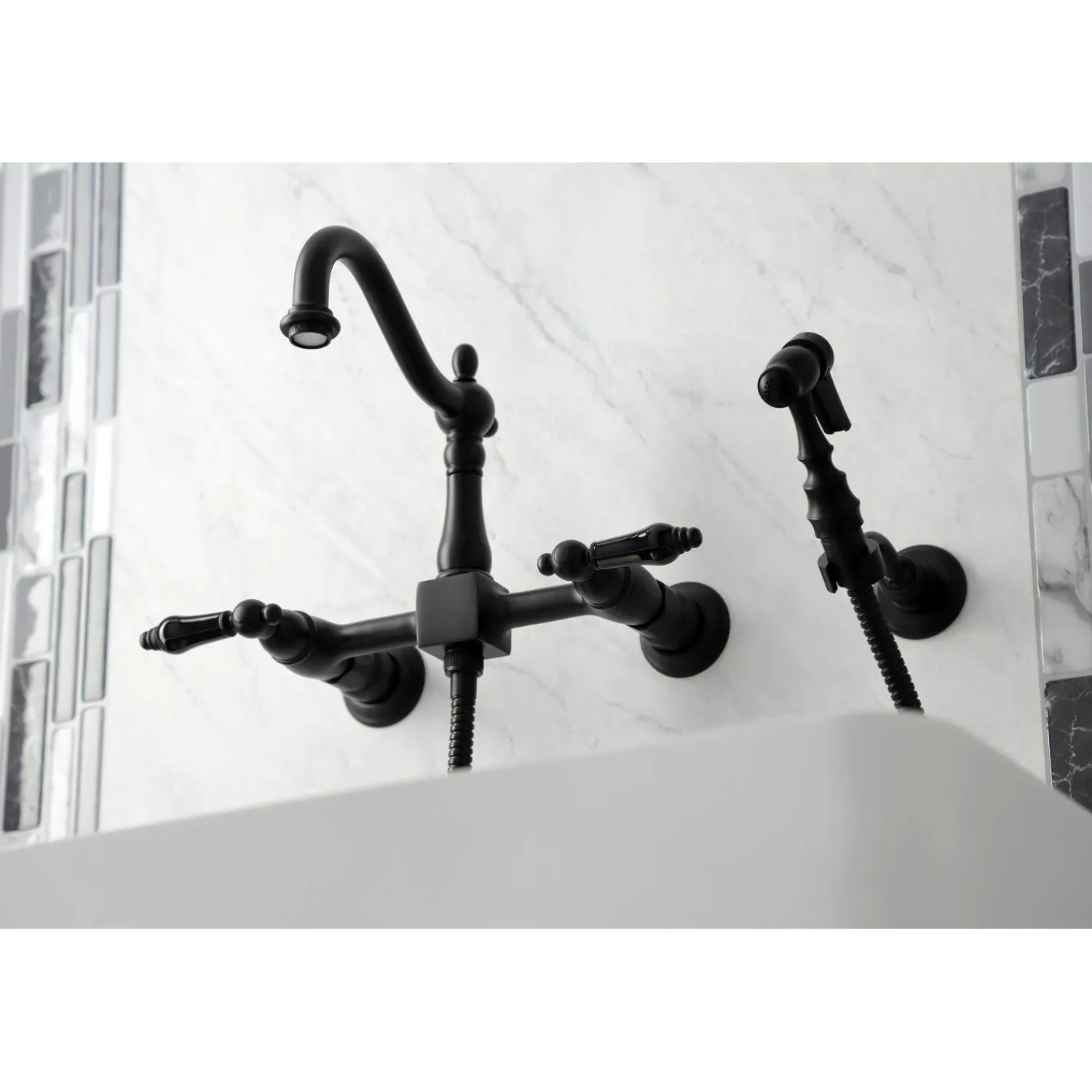 Discount KS126XPKLBS-P Duchess Wall Mount Bridge Kitchen Faucet with Brass Sprayer Wall Mounted Kitchen Faucets