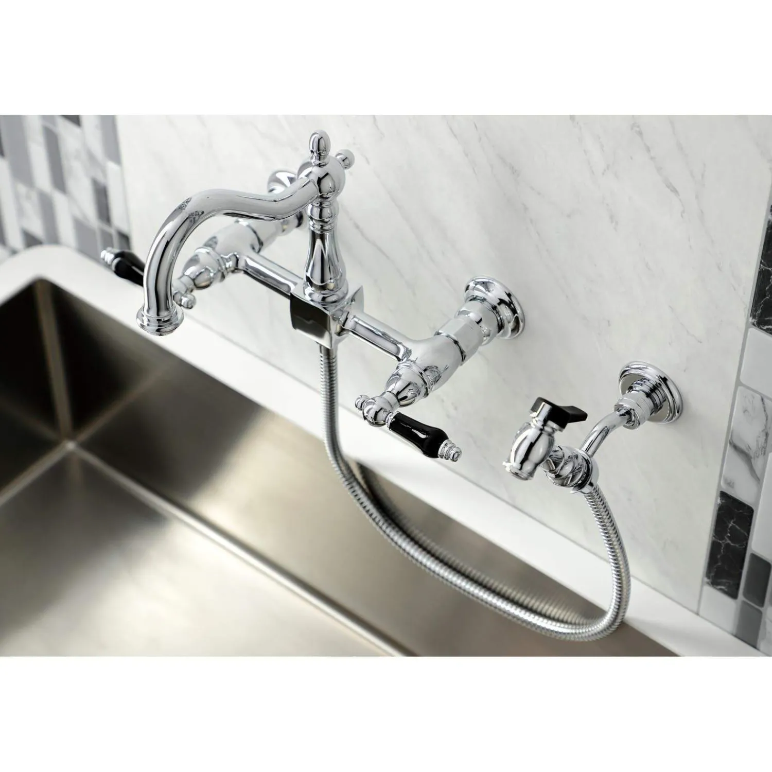 Discount KS126XPKLBS-P Duchess Wall Mount Bridge Kitchen Faucet with Brass Sprayer Wall Mounted Kitchen Faucets