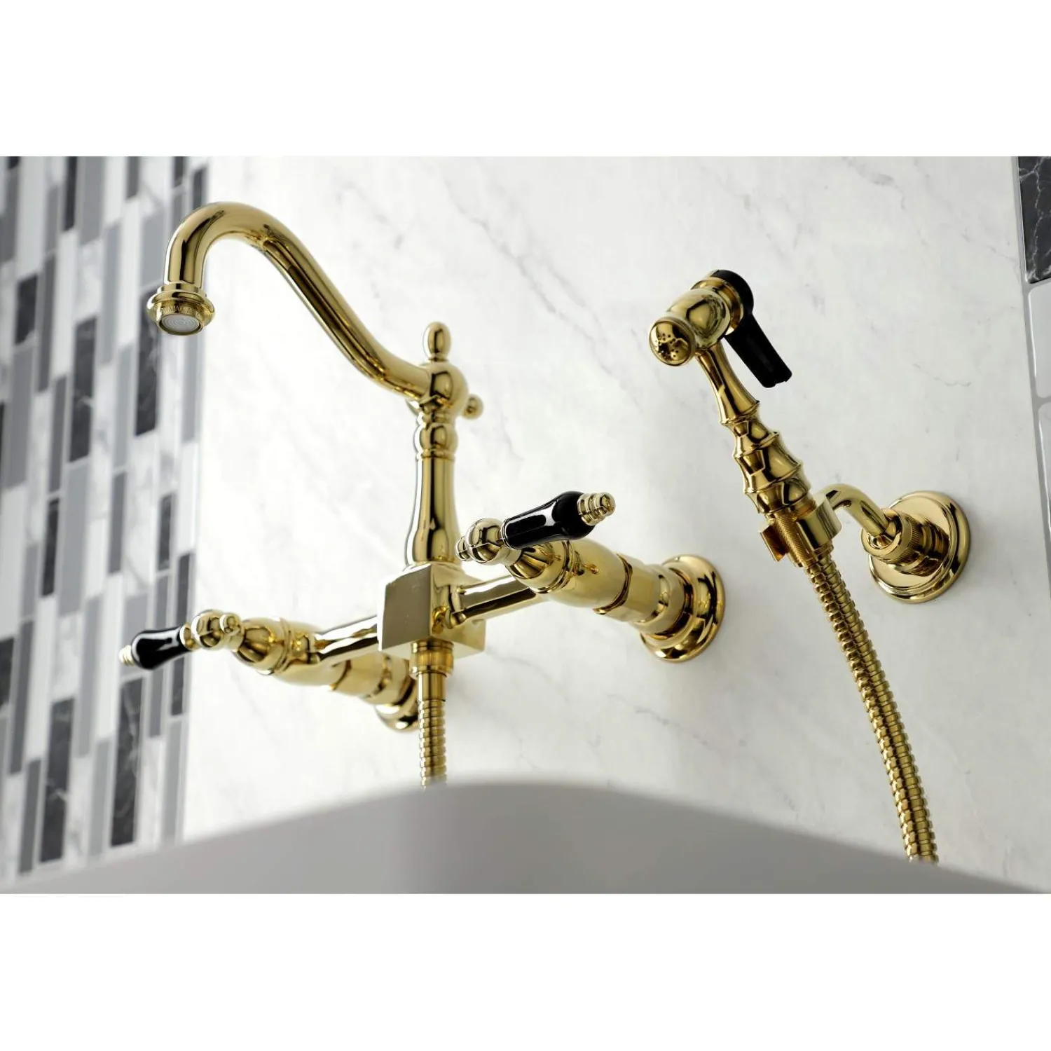 Discount KS126XPKLBS-P Duchess Wall Mount Bridge Kitchen Faucet with Brass Sprayer Wall Mounted Kitchen Faucets