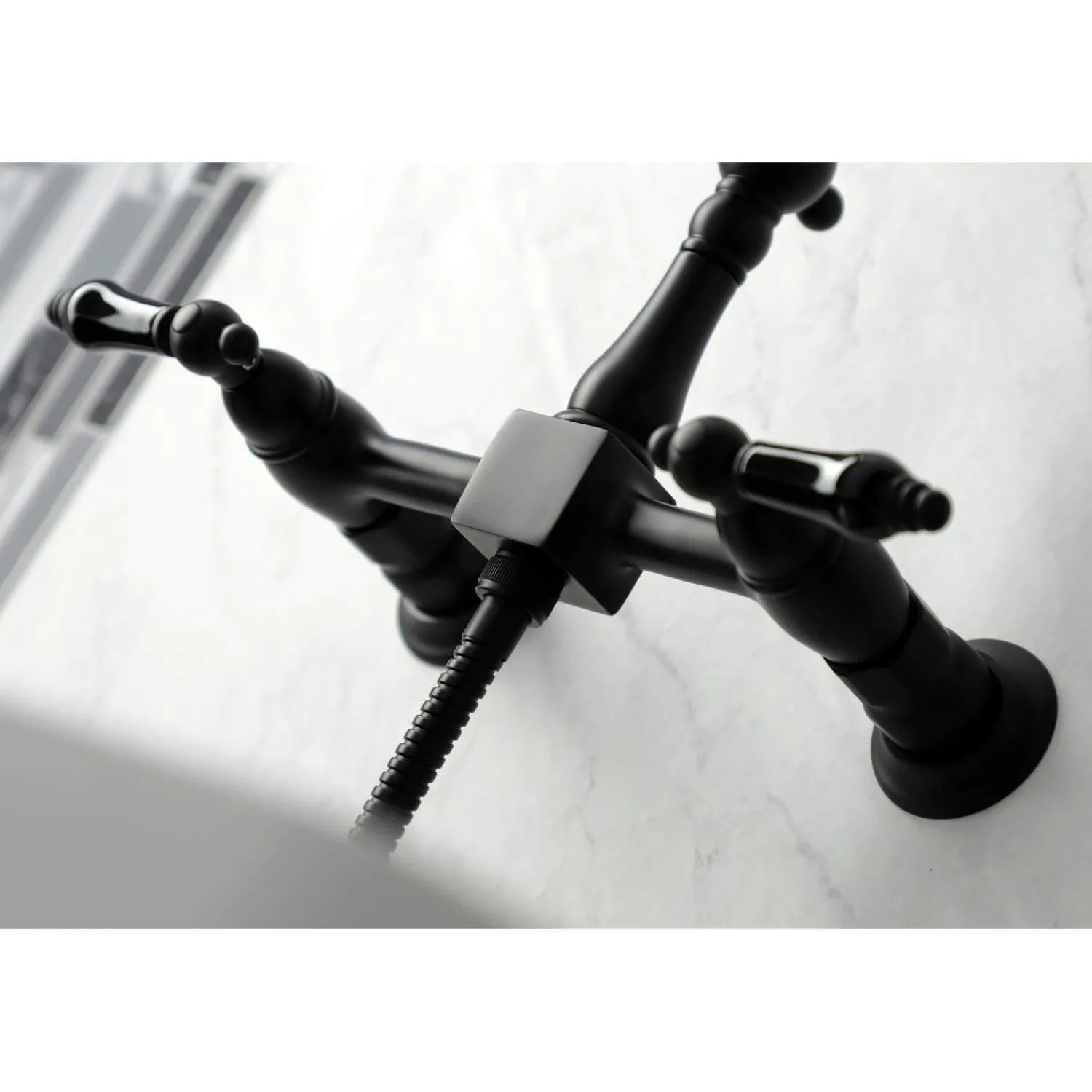 Discount KS126XPKLBS-P Duchess Wall Mount Bridge Kitchen Faucet with Brass Sprayer Wall Mounted Kitchen Faucets