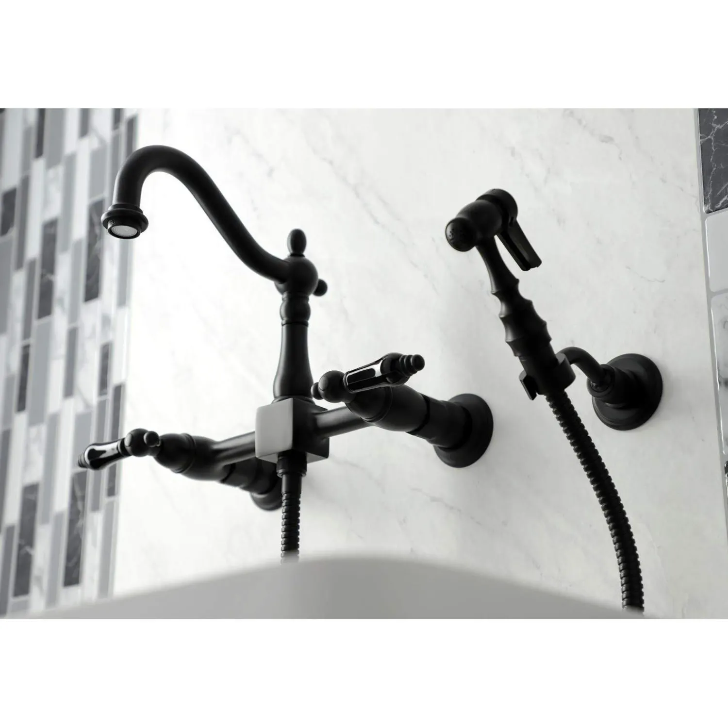 Discount KS126XPKLBS-P Duchess Wall Mount Bridge Kitchen Faucet with Brass Sprayer Wall Mounted Kitchen Faucets
