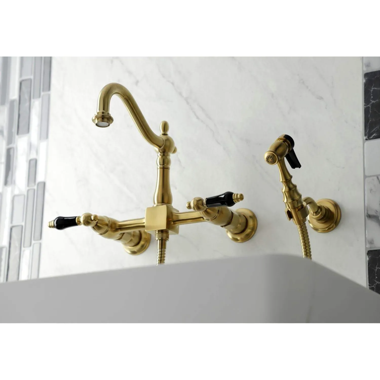 Discount KS126XPKLBS-P Duchess Wall Mount Bridge Kitchen Faucet with Brass Sprayer Wall Mounted Kitchen Faucets