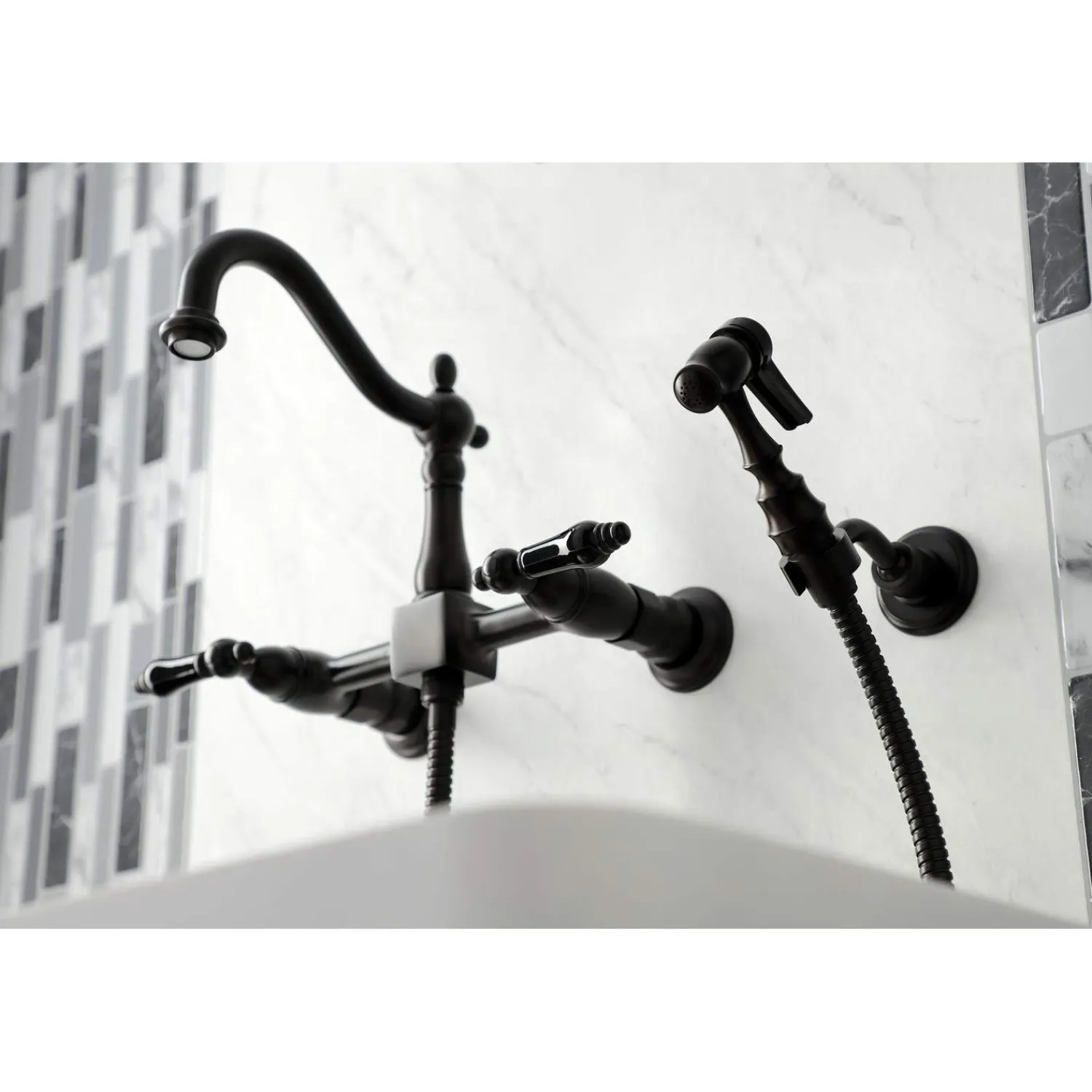 Discount KS126XPKLBS-P Duchess Wall Mount Bridge Kitchen Faucet with Brass Sprayer Wall Mounted Kitchen Faucets