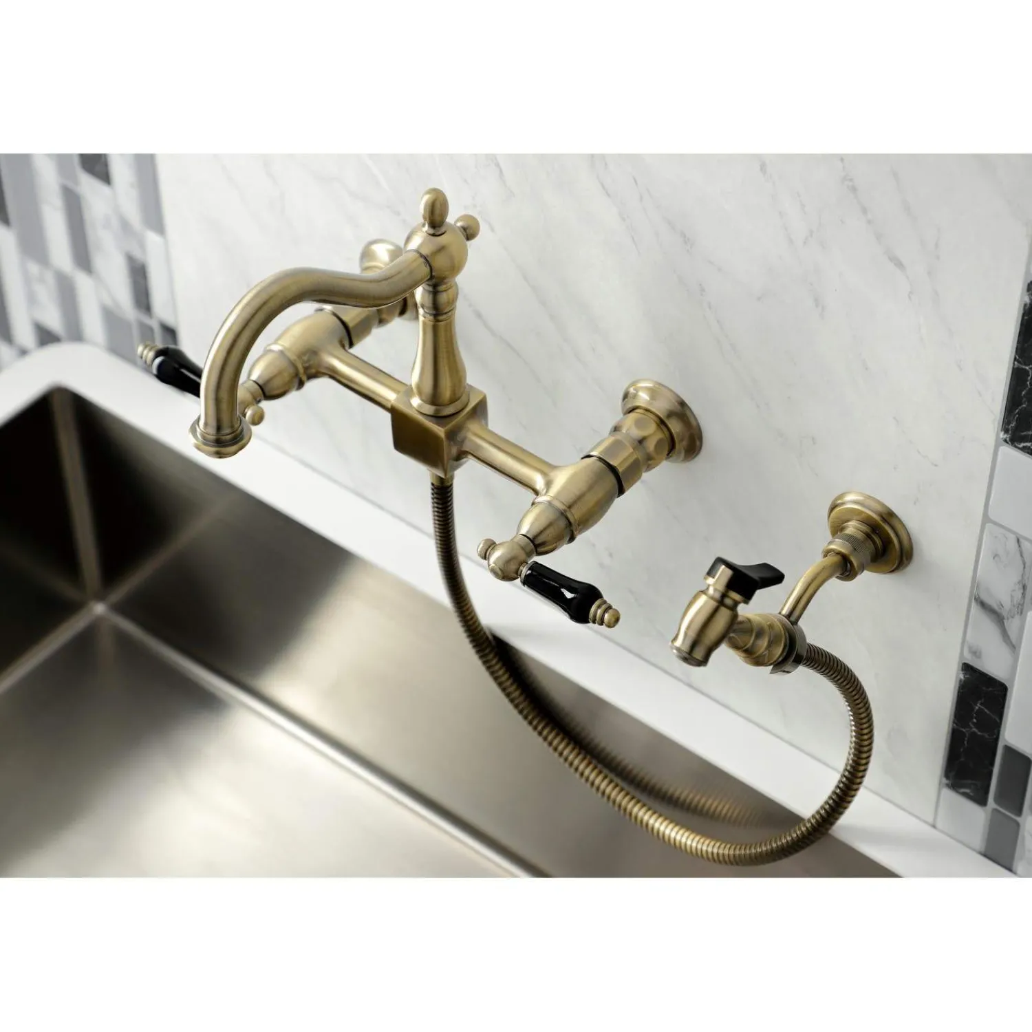 Discount KS126XPKLBS-P Duchess Wall Mount Bridge Kitchen Faucet with Brass Sprayer Wall Mounted Kitchen Faucets