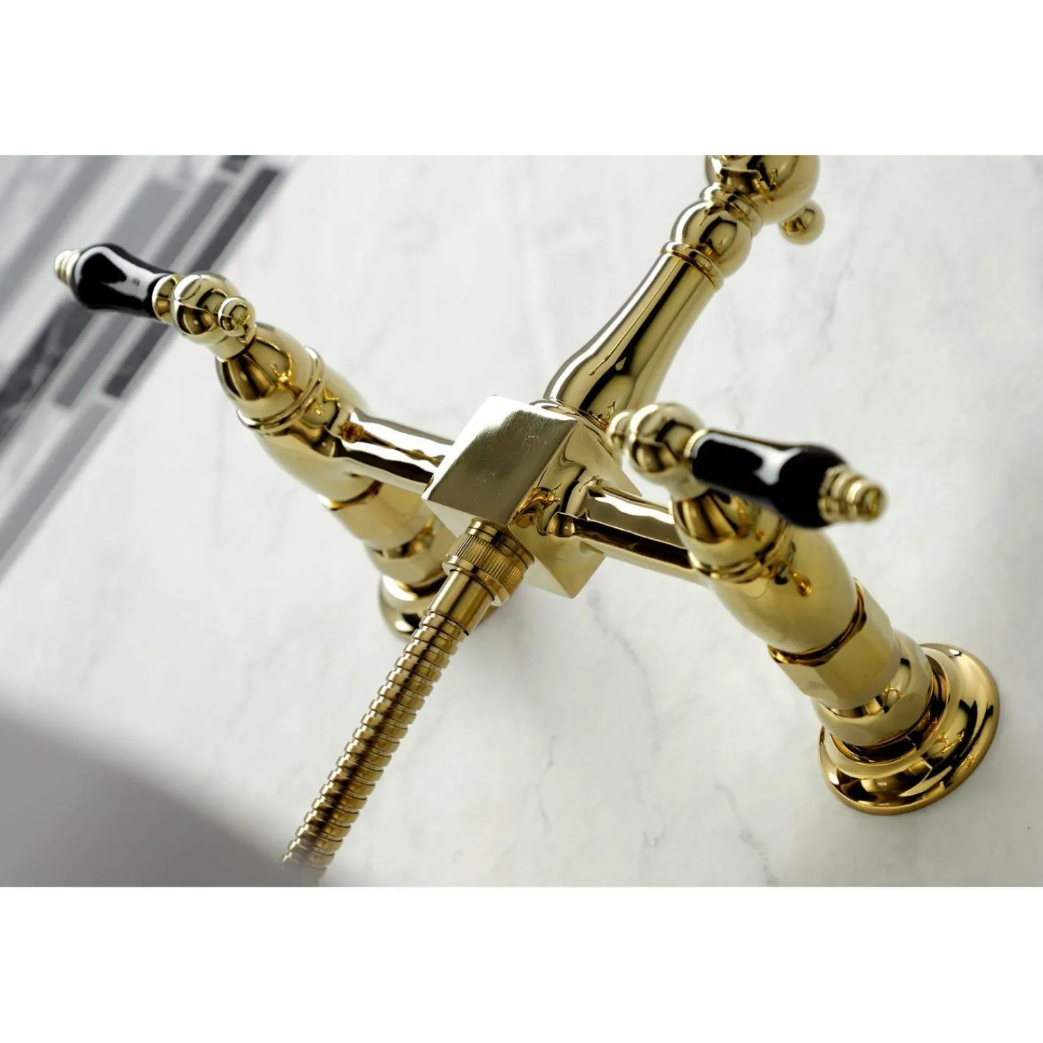 Discount KS126XPKLBS-P Duchess Wall Mount Bridge Kitchen Faucet with Brass Sprayer Wall Mounted Kitchen Faucets