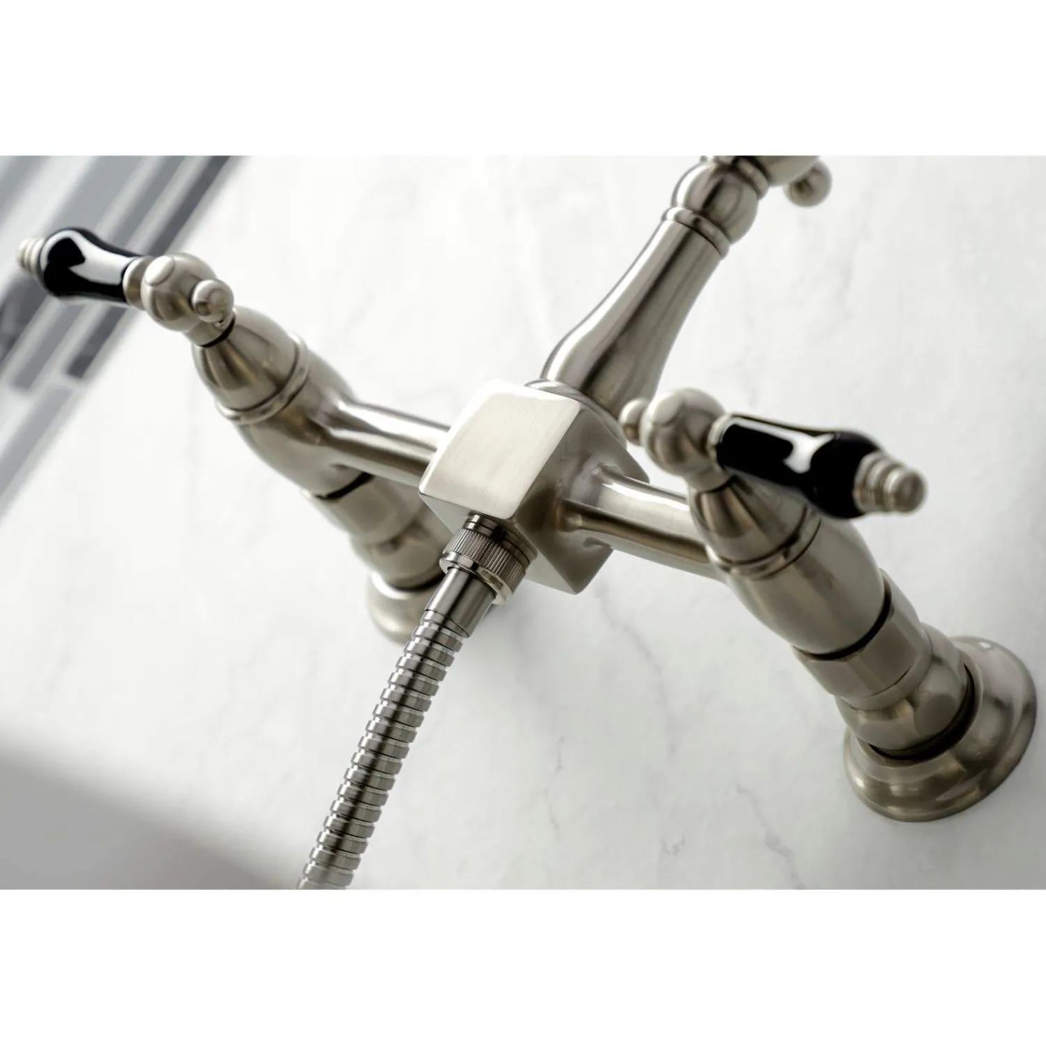 Discount KS126XPKLBS-P Duchess Wall Mount Bridge Kitchen Faucet with Brass Sprayer Wall Mounted Kitchen Faucets