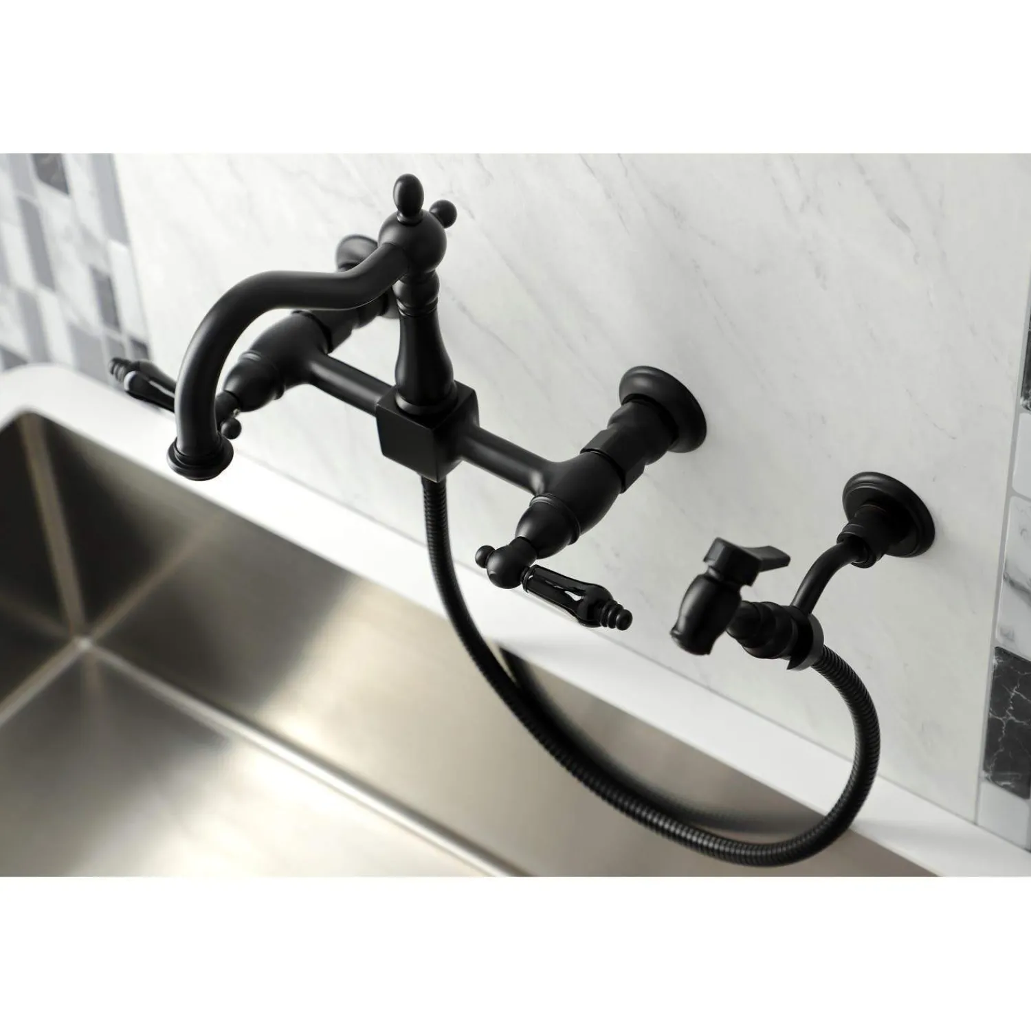 Discount KS126XPKLBS-P Duchess Wall Mount Bridge Kitchen Faucet with Brass Sprayer Wall Mounted Kitchen Faucets