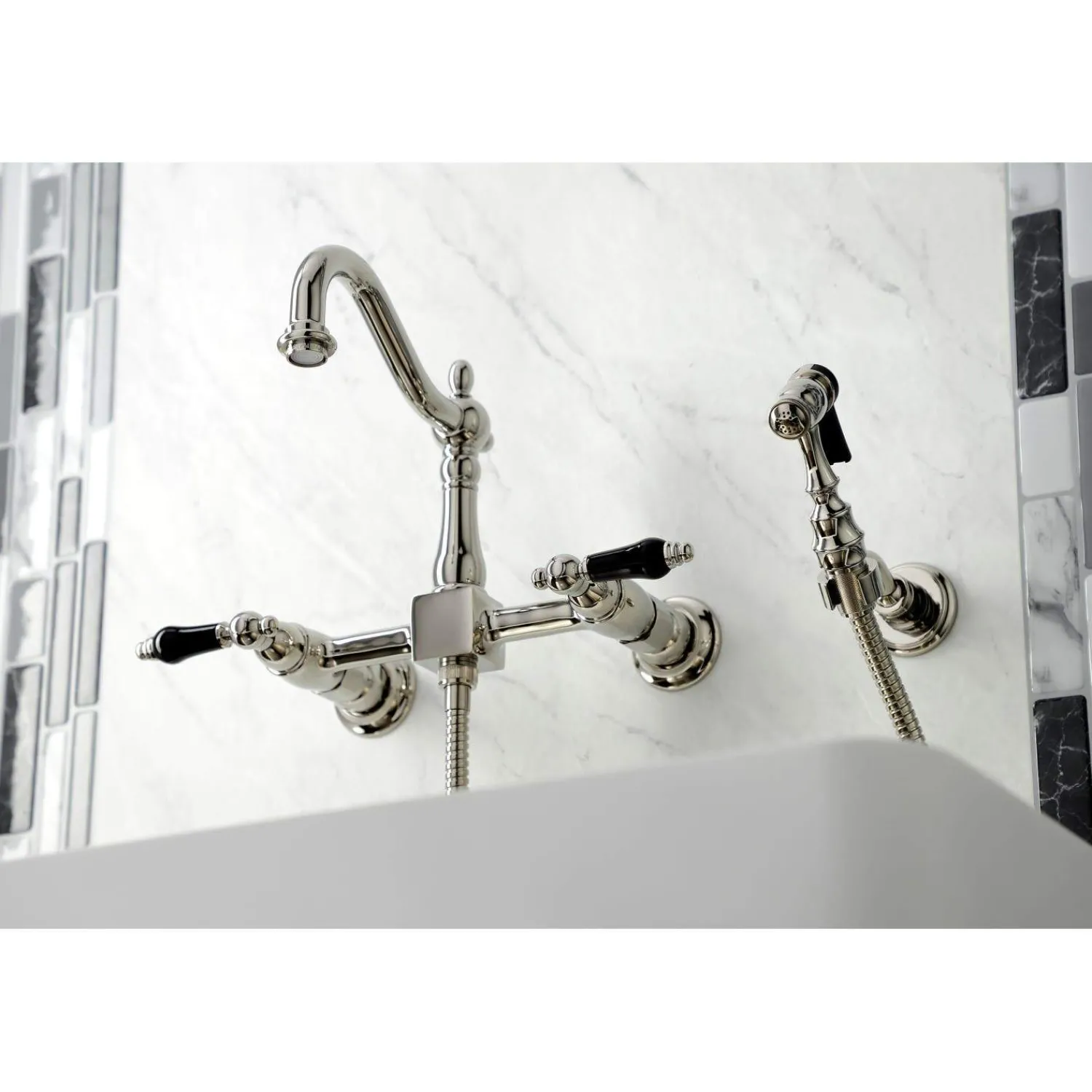 Discount KS126XPKLBS-P Duchess Wall Mount Bridge Kitchen Faucet with Brass Sprayer Wall Mounted Kitchen Faucets