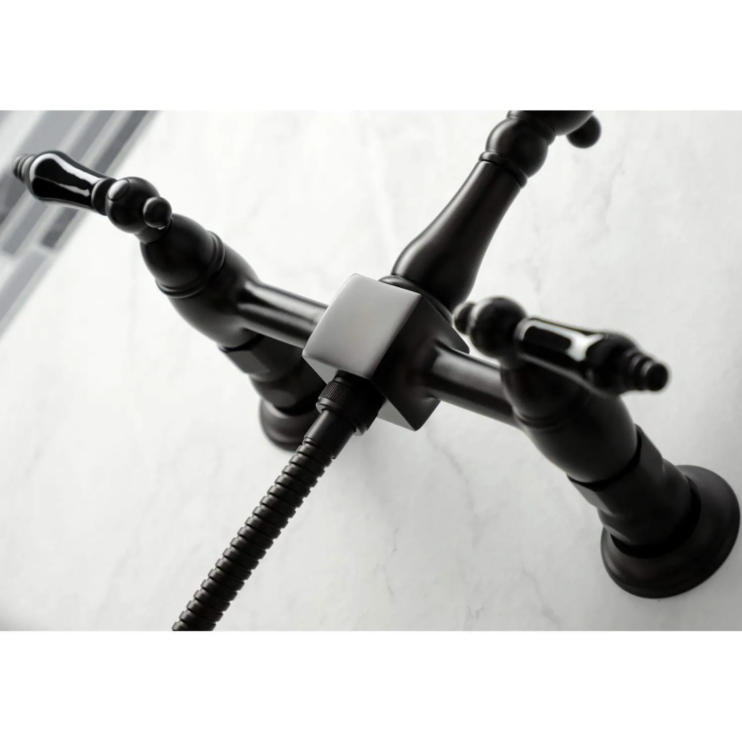 Discount KS126XPKLBS-P Duchess Wall Mount Bridge Kitchen Faucet with Brass Sprayer Wall Mounted Kitchen Faucets