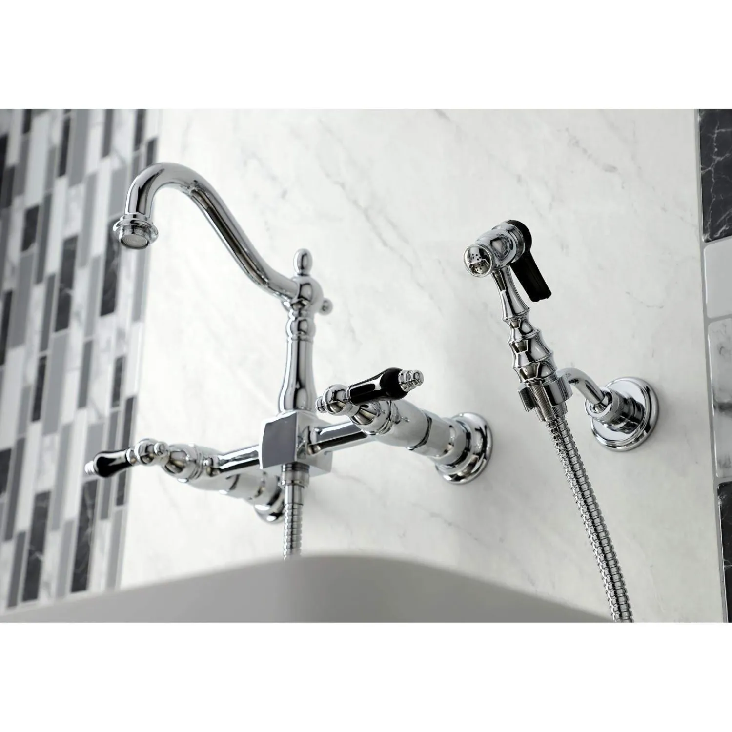 Discount KS126XPKLBS-P Duchess Wall Mount Bridge Kitchen Faucet with Brass Sprayer Wall Mounted Kitchen Faucets