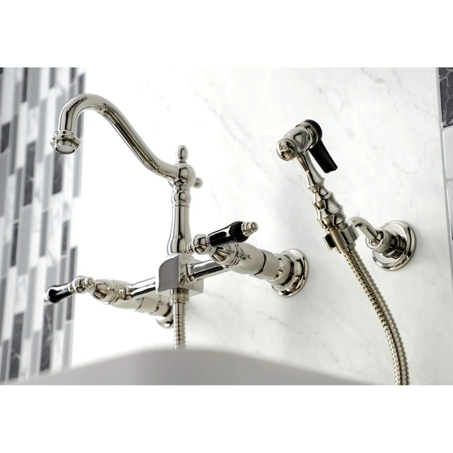 Discount KS126XPKLBS-P Duchess Wall Mount Bridge Kitchen Faucet with Brass Sprayer Wall Mounted Kitchen Faucets