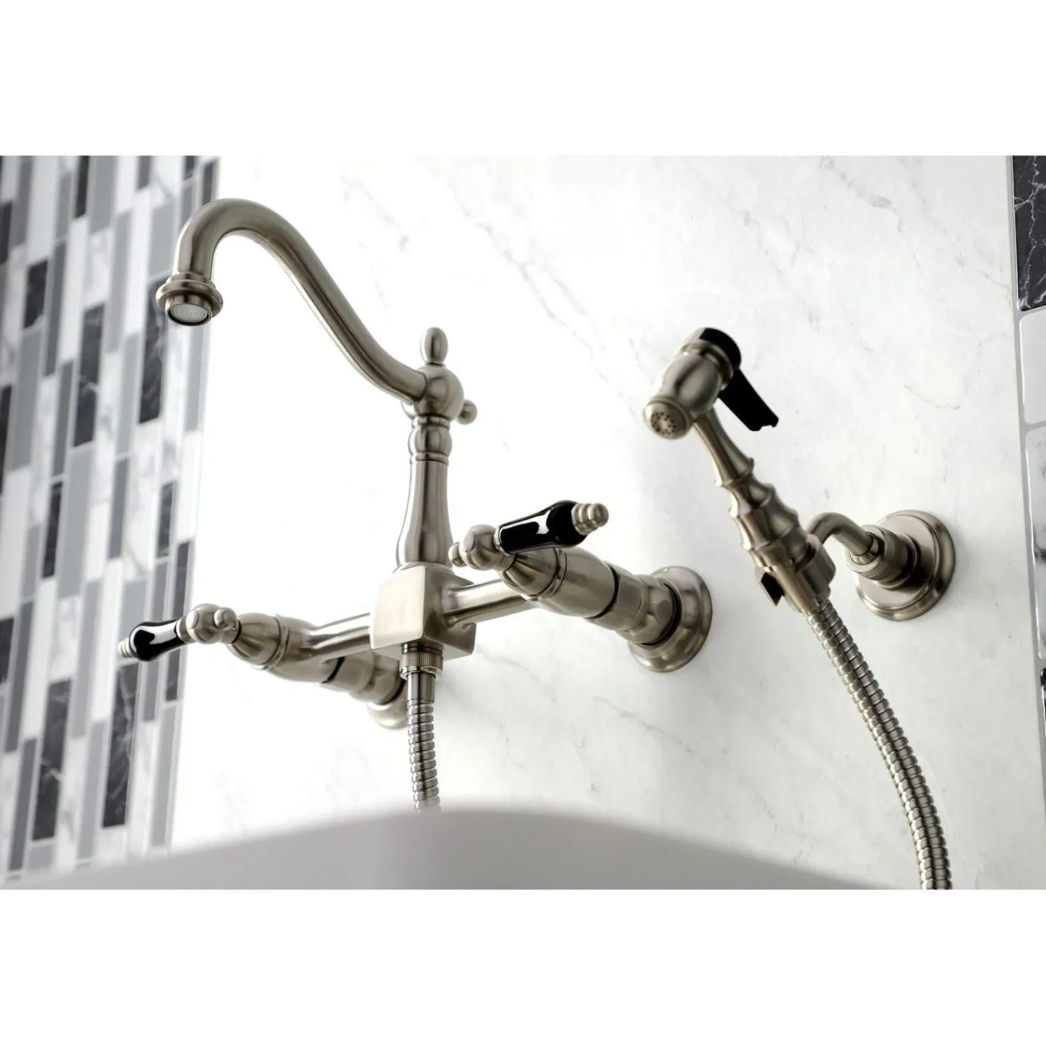 Discount KS126XPKLBS-P Duchess Wall Mount Bridge Kitchen Faucet with Brass Sprayer Wall Mounted Kitchen Faucets