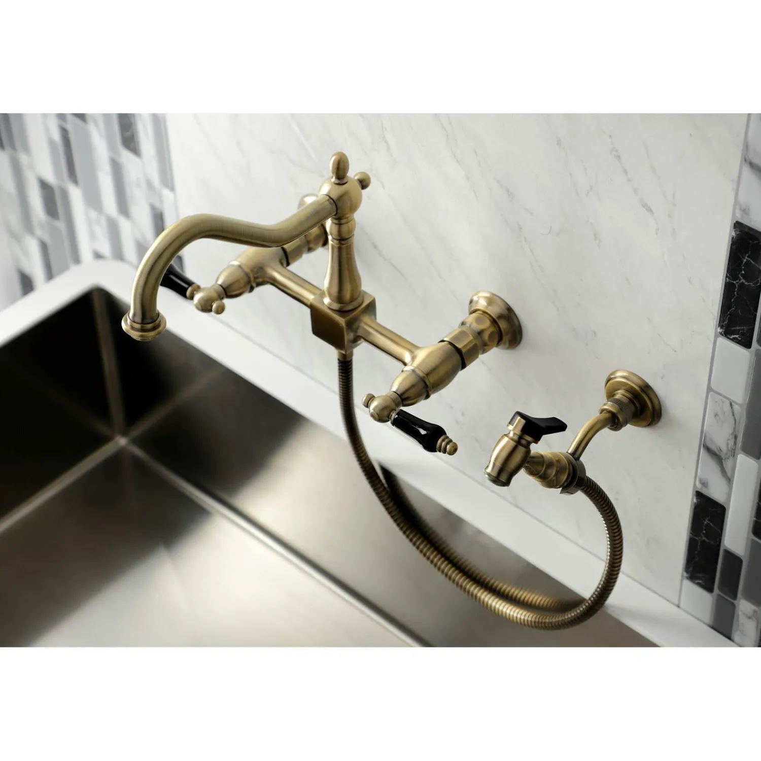 Clearance KS124XPKLBS-P Duchess Two-Handle Wall Mount Bridge Kitchen Faucet with Brass Sprayer Wall Mounted Kitchen Faucets