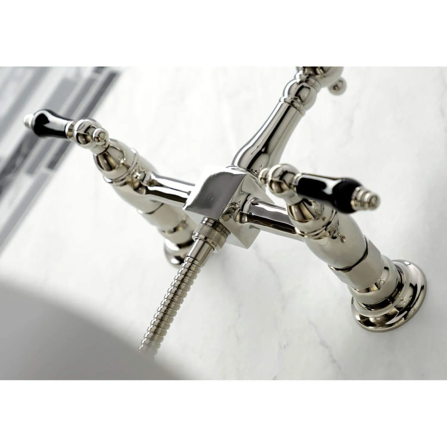 Clearance KS124XPKLBS-P Duchess Two-Handle Wall Mount Bridge Kitchen Faucet with Brass Sprayer Wall Mounted Kitchen Faucets