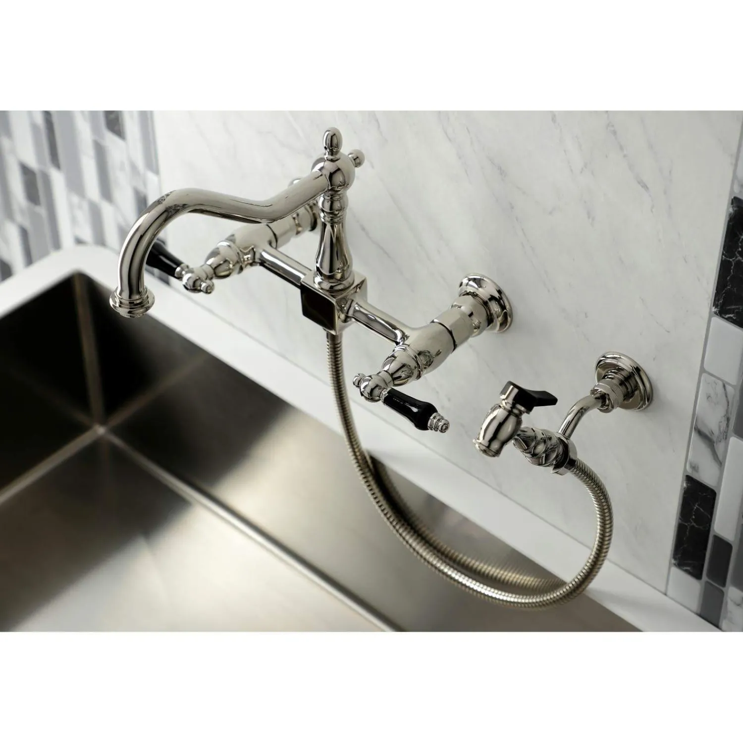 Clearance KS124XPKLBS-P Duchess Two-Handle Wall Mount Bridge Kitchen Faucet with Brass Sprayer Wall Mounted Kitchen Faucets