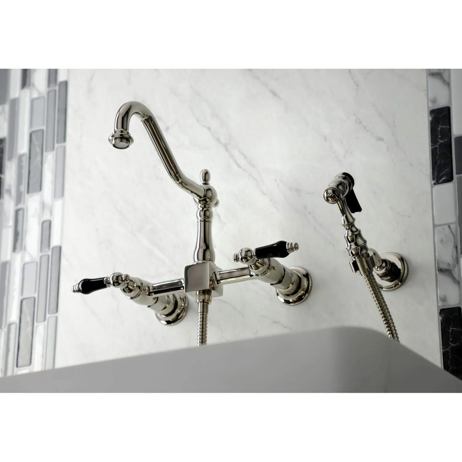 Clearance KS124XPKLBS-P Duchess Two-Handle Wall Mount Bridge Kitchen Faucet with Brass Sprayer Wall Mounted Kitchen Faucets
