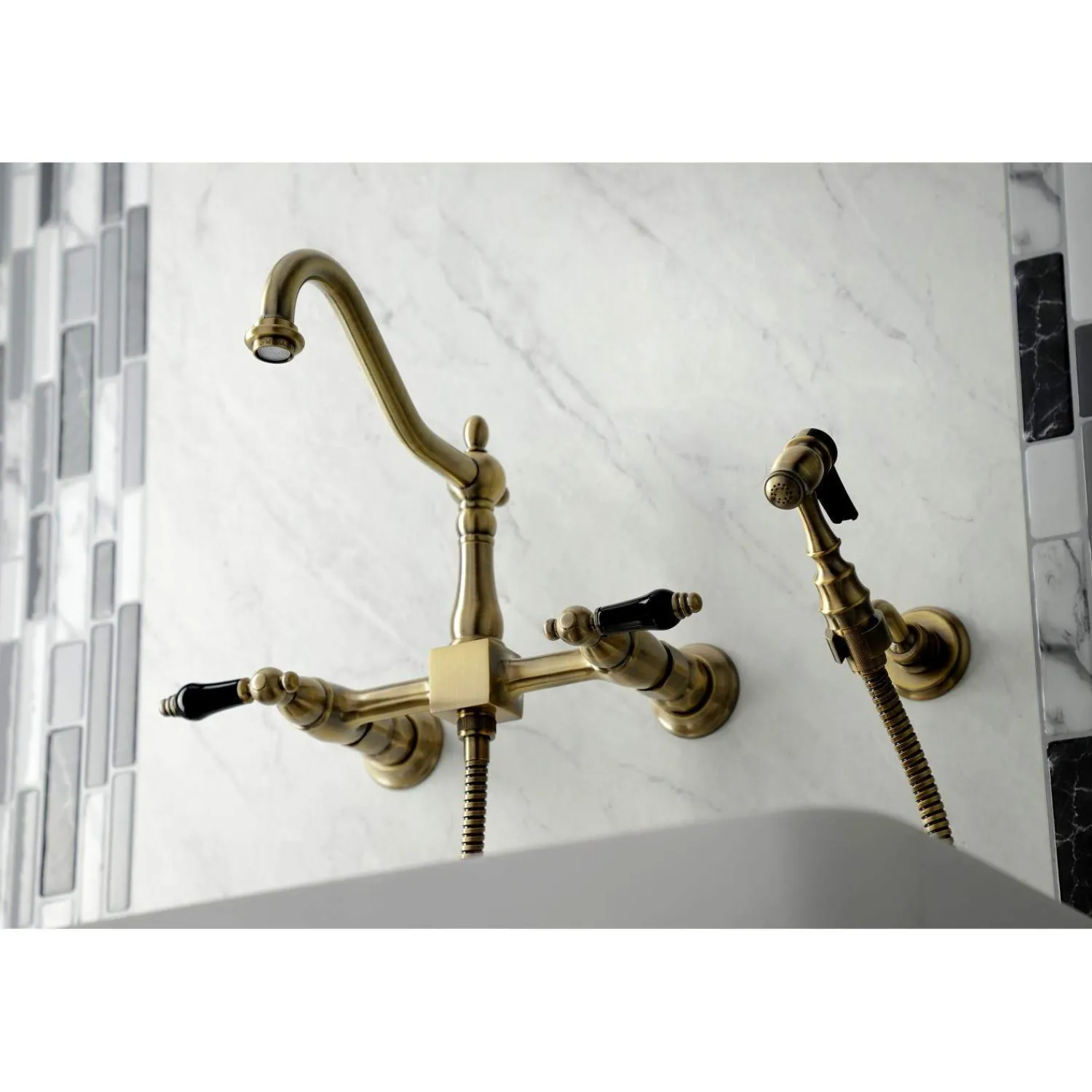 Clearance KS124XPKLBS-P Duchess Two-Handle Wall Mount Bridge Kitchen Faucet with Brass Sprayer Wall Mounted Kitchen Faucets