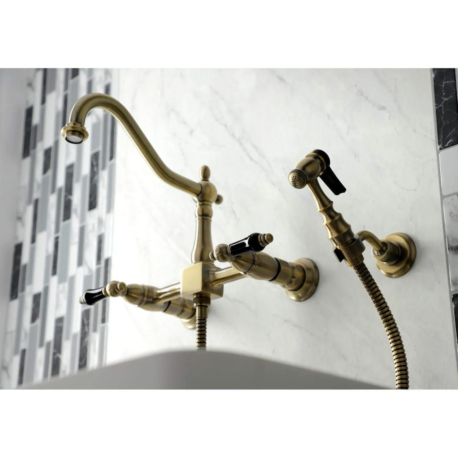 Clearance KS124XPKLBS-P Duchess Two-Handle Wall Mount Bridge Kitchen Faucet with Brass Sprayer Wall Mounted Kitchen Faucets