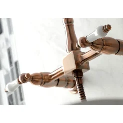 KS124XPLBS-P Heritage Two-Handle Wall Mount Bridge Kitchen Faucet with Brass Sprayer Wall Mounted Kitchen Faucets