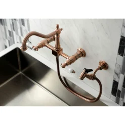 KS124XPLBS-P Heritage Two-Handle Wall Mount Bridge Kitchen Faucet with Brass Sprayer Wall Mounted Kitchen Faucets