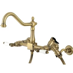 KS124XPLBS-P Heritage Two-Handle Wall Mount Bridge Kitchen Faucet with Brass Sprayer Wall Mounted Kitchen Faucets