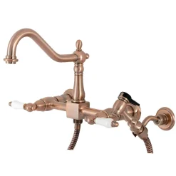 KS124XPLBS-P Heritage Two-Handle Wall Mount Bridge Kitchen Faucet with Brass Sprayer Wall Mounted Kitchen Faucets