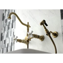Discount KS124XPXBS-P Heritage Two-Handle Wall Mount Bridge Kitchen Faucet with Brass Sprayer Wall Mounted Kitchen Faucets