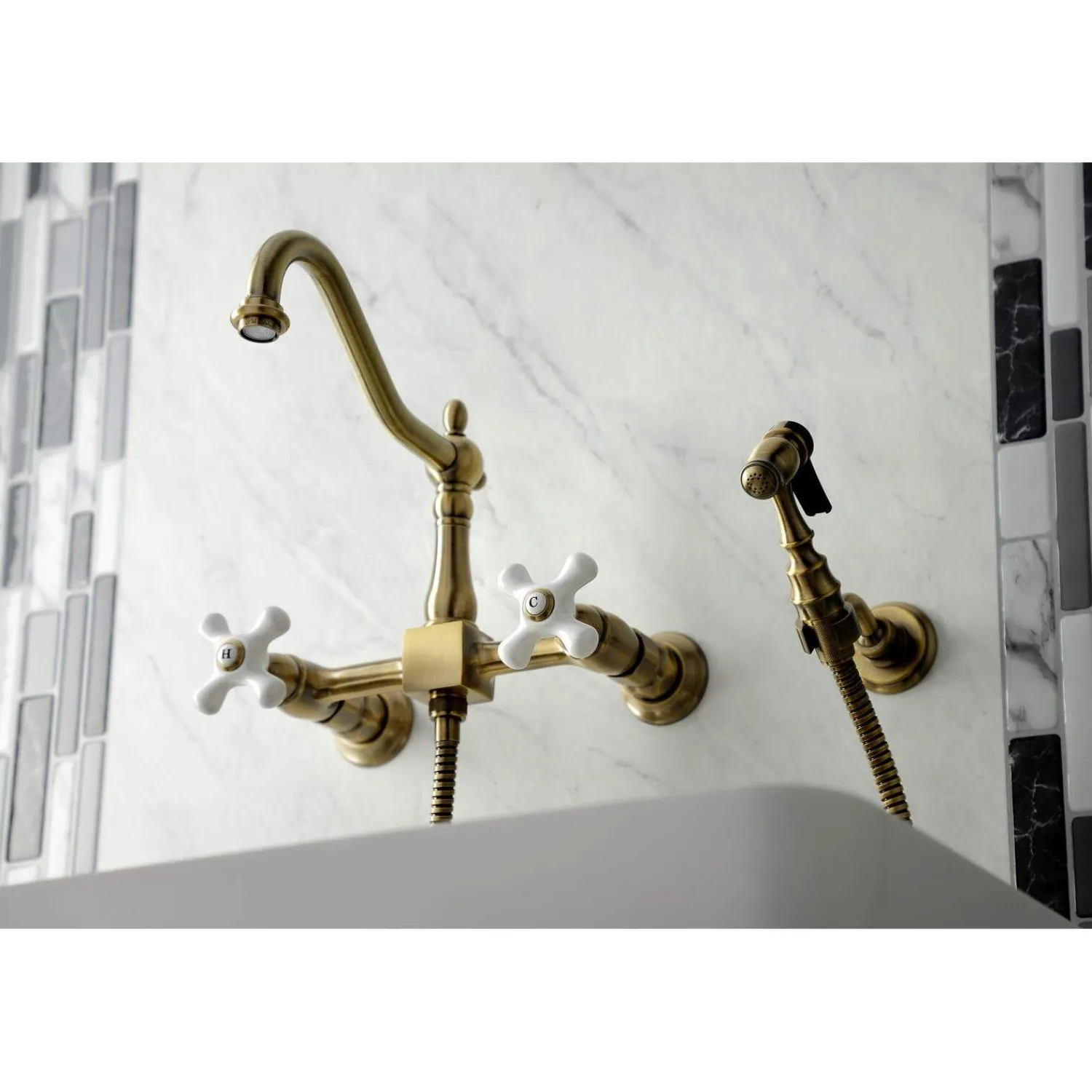 Discount KS124XPXBS-P Heritage Two-Handle Wall Mount Bridge Kitchen Faucet with Brass Sprayer Wall Mounted Kitchen Faucets