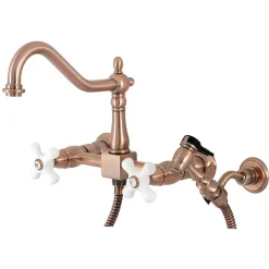 Discount KS124XPXBS-P Heritage Two-Handle Wall Mount Bridge Kitchen Faucet with Brass Sprayer Wall Mounted Kitchen Faucets