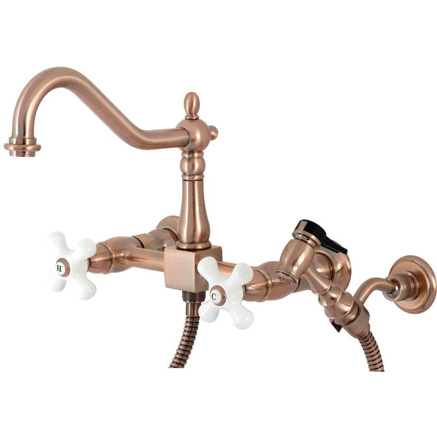 Discount KS124XPXBS-P Heritage Two-Handle Wall Mount Bridge Kitchen Faucet with Brass Sprayer Wall Mounted Kitchen Faucets